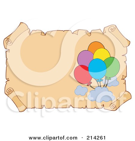 Royalty-Free (RF) Clipart Illustration of a Curling Parchment Paper With Balloons by visekart