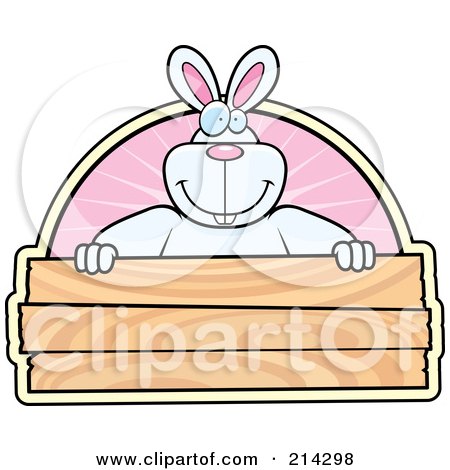 Royalty-Free (RF) Clipart Illustration of a Big White Rabbit Smiling Over A Blank Wooden Sign by Cory Thoman