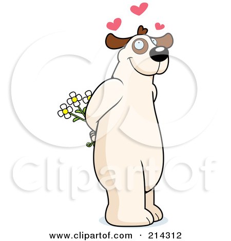 Royalty-Free (RF) Clipart Illustration of a Big Dog Standing On His Hind Legs And Holding Flowers Behind His Back by Cory Thoman