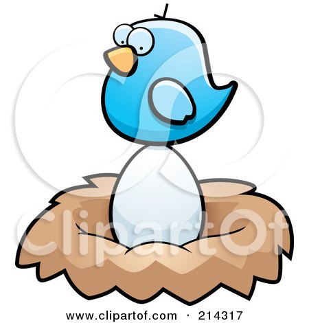 Royalty-Free (RF) Clipart Illustration of a Tiny Blue Bird Sitting On A Large Egg In A Nest by Cory Thoman