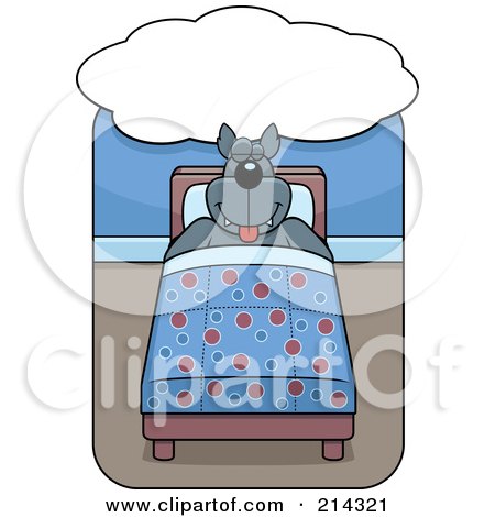 Royalty-Free (RF) Clipart Illustration of a Big Wolf Sleeping In A Bed Under A Dream Cloud by Cory Thoman