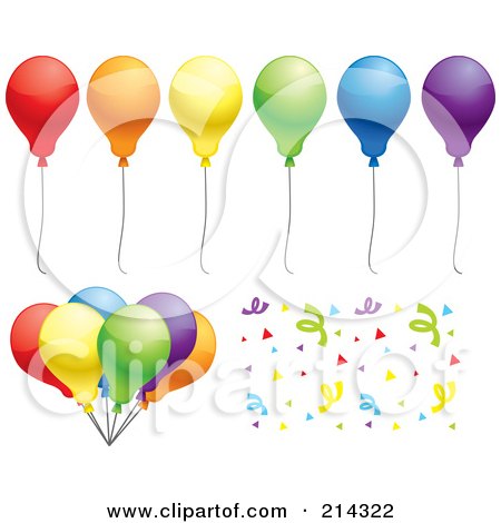 Royalty-Free (RF) Clipart Illustration of a Digital Collage Of Colorful Party Balloons, A Bundle And Confetti by Cory Thoman