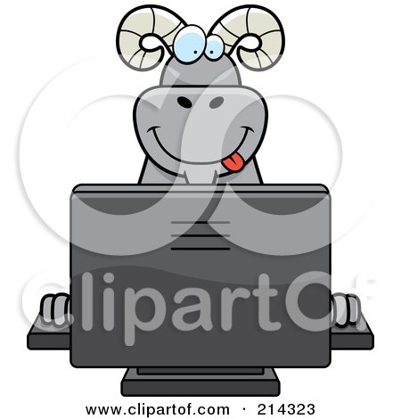 Royalty-Free (RF) Clipart Illustration of a Big Ram Smiling And Using A Computer by Cory Thoman