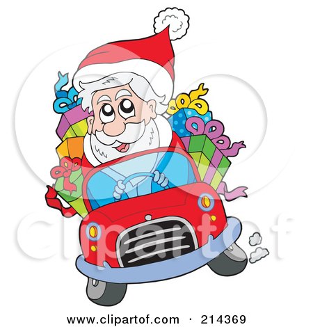 Royalty-Free (RF) Clipart Illustration of Santa Driving A Car Full Of Gifts by visekart