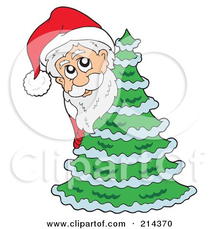 Royalty-Free (RF) Clipart Illustration of Santa Looking Around A Christmas Tree by visekart