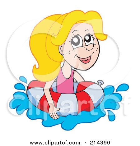 Royalty-Free (RF) Clipart Illustration of a Blond Summer Girl Swimming With A Life Buoy by visekart