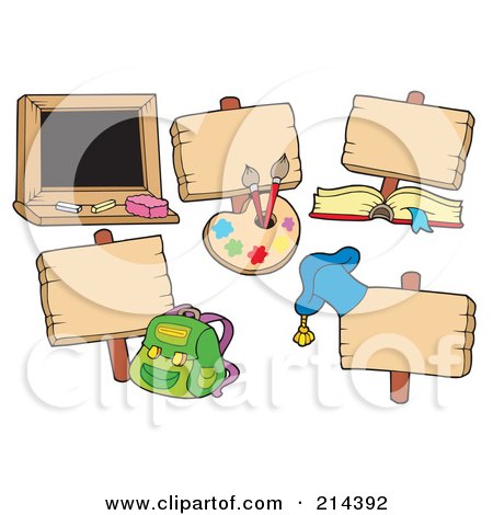 Royalty-Free (RF) Clipart Illustration of a Digital Collage Of Blank Wooden School Signs by visekart