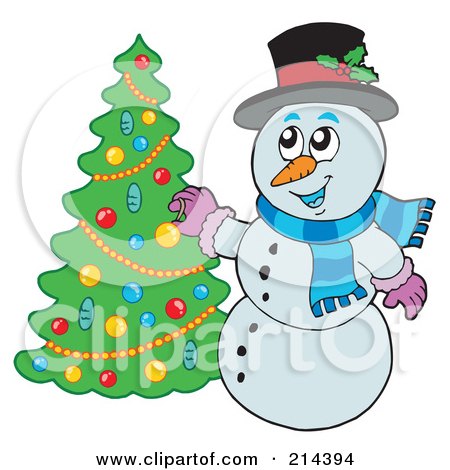 Royalty-Free (RF) Clipart Illustration of a Wintry Snowman Trimming A Tree by visekart