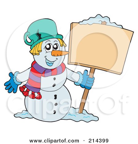 Royalty-Free (RF) Clipart Illustration of a Wintry Snowman With A Blank Sign - 1 by visekart