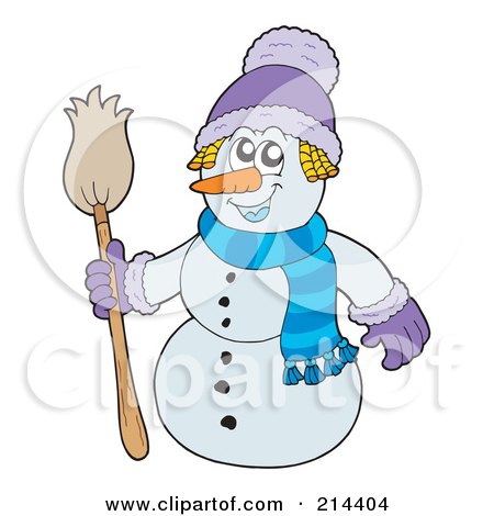 Royalty-Free (RF) Clipart Illustration of a Wintry Snowman Holding Up A Broom by visekart