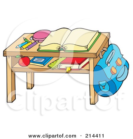 Royalty-Free (RF) Clipart Illustration of an Open Book And Supplies On A Desk by visekart