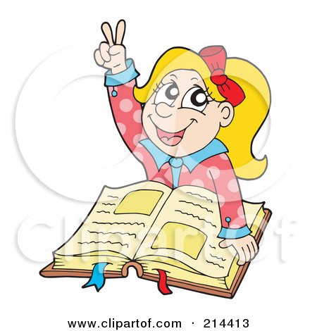 Royalty-Free (RF) Clipart Illustration of a Smart School Girl Raising Her Hand And Reading A Book by visekart