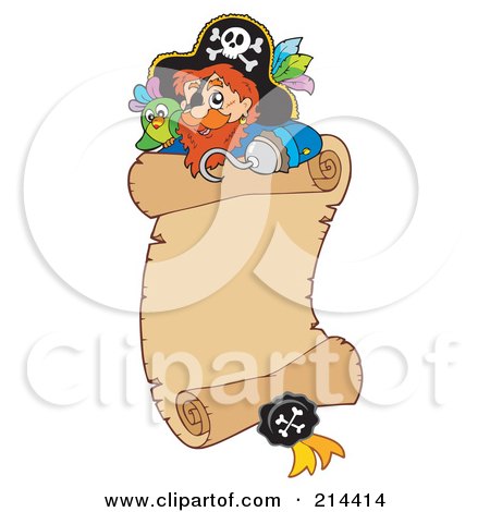 Royalty-Free (RF) Clipart Illustration of a Pirate And Parrot On A Parchment Scroll by visekart
