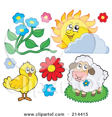 Royalty-Free (RF) Clipart Illustration of a Digital Collage Of Flowers, A Sun, Chick And Sheep by visekart