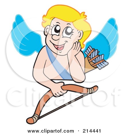 Royalty-Free (RF) Clipart Illustration of a Cute Blond Cupid Looking Over A Blank Sign by visekart