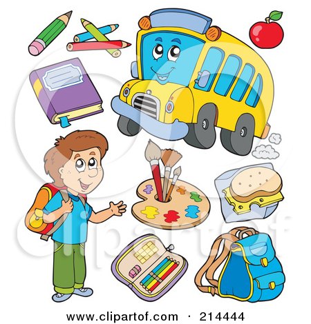 Royalty-Free (RF) Clipart Illustration of a Digital Collage Of A School Boy With A Bus And Items by visekart