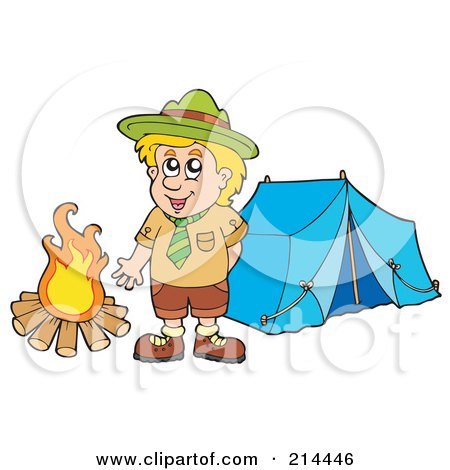 Royalty-Free (RF) Clipart Illustration of a Happy Scout Standing By A Camp Fire by visekart
