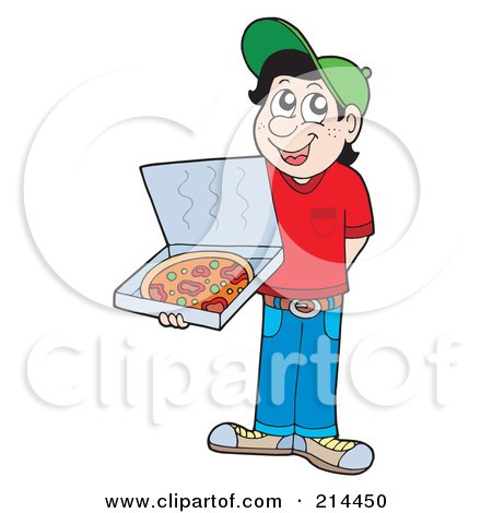 Royalty-Free (RF) Clipart Illustration of a Pizza Delivery Boy Holding An Open Box by visekart