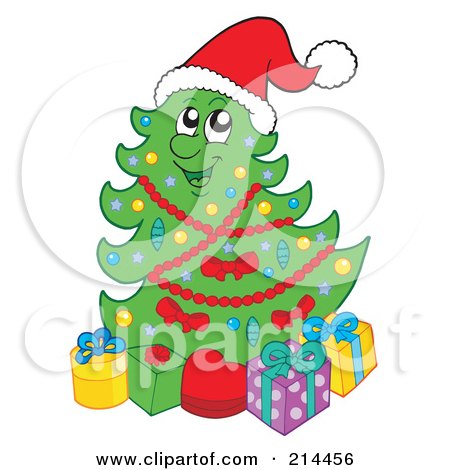 Royalty-Free (RF) Clipart Illustration of a Christmas Tree Character Wearing A Santa Hat by visekart