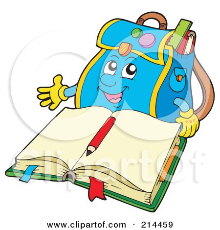 Royalty-Free (RF) Clipart Illustration of a Backpack Character By An Open Book by visekart