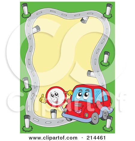 Royalty-Free (RF) Clipart Illustration of a Car And Sign Road Frame by visekart