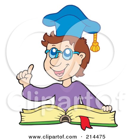 Royalty-Free (RF) Clipart Illustration of a Male Teacher Holding A Finger Up And Reading A Book by visekart