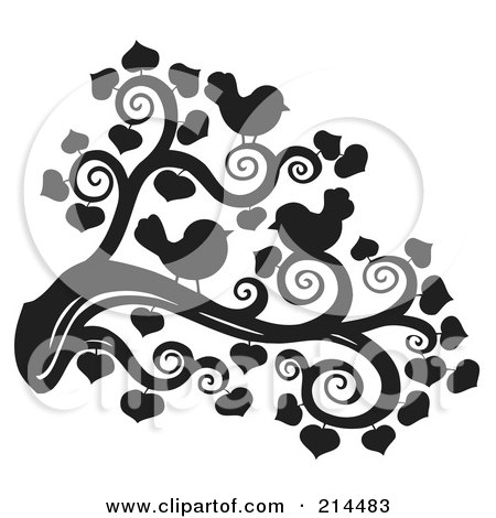 Royalty-Free (RF) Clipart Illustration of a Silhouetted Tree Branch With Heart Leaves And Birds by visekart