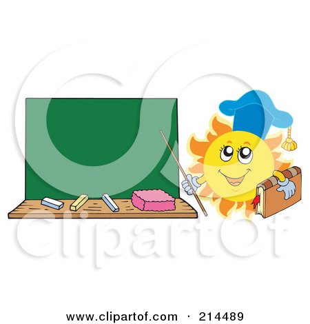 Royalty-Free (RF) Clipart Illustration of a Summer Sun Professor Holding A Pointer Stick To A Chalk Board by visekart