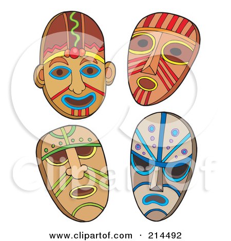 Royalty-Free (RF) Clipart Illustration of a Digital Collage Of Four Tribal Masks by visekart
