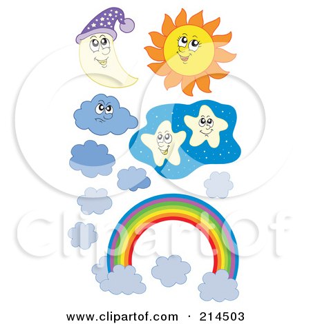 Royalty-Free (RF) Clipart Illustration of a Digital Collage Of A Moon, Sun, Stars, Clouds And Rainbow by visekart