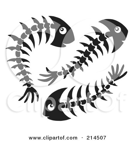 Royalty-Free (RF) Clipart Illustration of a Trio Of Black And White Fish Bones by visekart