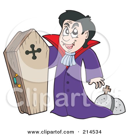 Royalty-Free (RF) Clipart Illustration of a Vampire Standing By His Wood Coffin by visekart