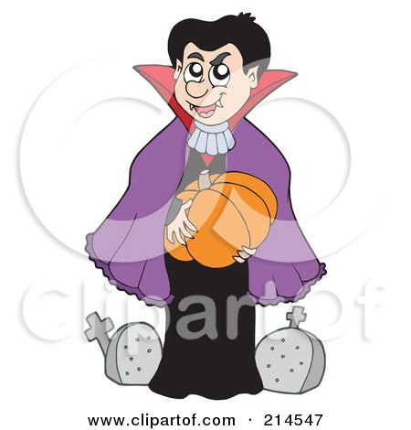 Royalty-Free (RF) Clipart Illustration of a Vampire Holding A Pumpkin In A Cemetery by visekart