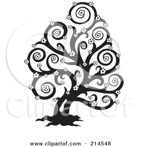 Royalty-Free (RF) Clipart Illustration of a Black And White Bare Floral Swirl Tree Design by visekart