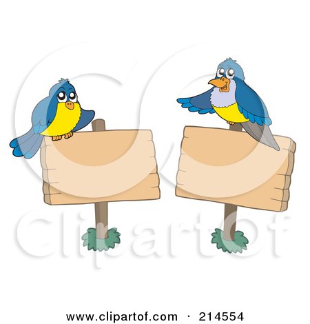 Royalty-Free (RF) Clipart Illustration of a Digital Collage Of Birds And Blank Wooden Signs by visekart