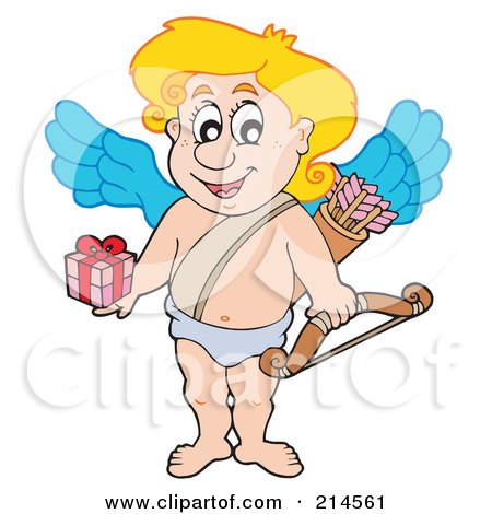 Royalty-Free (RF) Clipart Illustration of a Cute Blond Cupid Holding Out A Gift by visekart