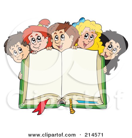 Royalty-Free (RF) Clipart Illustration of a Happy School Children Over An Open Book by visekart