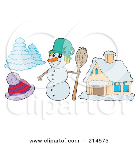 Royalty-Free (RF) Clipart Illustration of a Digital Collage Of A Snowman, House And Trees by visekart