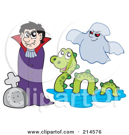 Royalty-Free (RF) Clipart Illustration of a Digital Collage Of A Vampire, Monster And Ghost by visekart