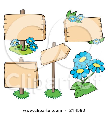 Royalty-Free (RF) Clipart Illustration of a Digital Collage Of Blank Wooden Signs And Flowers by visekart