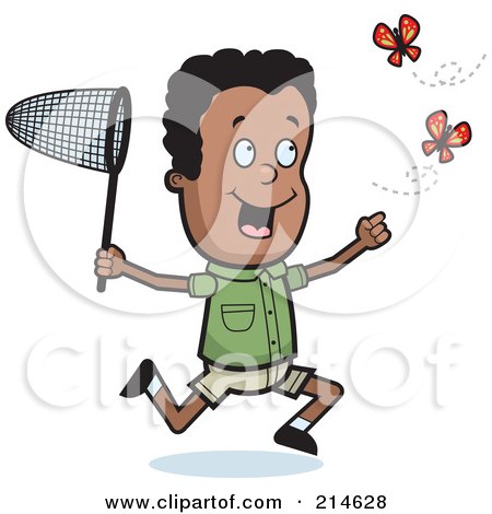 Royalty-Free (RF) Clipart Illustration of a Black Boy Chasing Two Butterflies With A Net by Cory Thoman