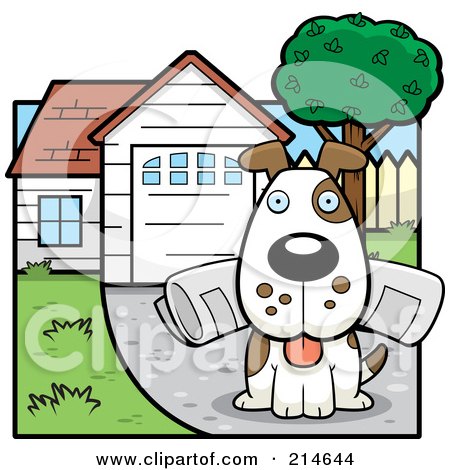 Royalty-Free (RF) Clipart Illustration of a Dog Sitting In A Driveway With A Newspaper In His Mouth by Cory Thoman
