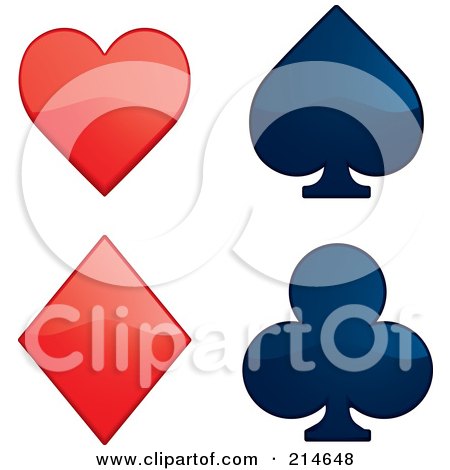 Royalty-Free (RF) Clipart Illustration of a Digital Collage Of Shiny Red And Blue Playing Card Suits by Cory Thoman