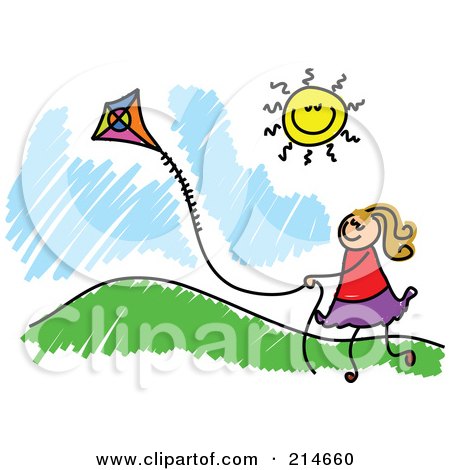 Royalty-Free (RF) Clipart Illustration of a Childs Sketch Of A Girl Flying A Kite By A Hill by Prawny
