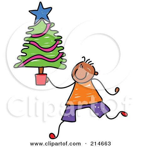 Royalty-Free (RF) Clipart Illustration of a Childs Sketch Of A Boy Carrying A Small Christmas Tree by Prawny