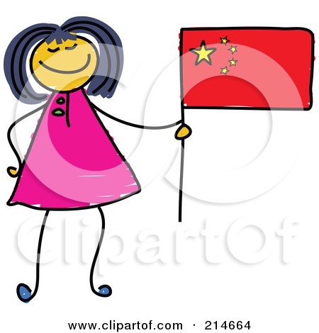 Royalty-Free (RF) Clipart Illustration of a Childs Sketch Of A Chinese Girl Holding A Flag by Prawny