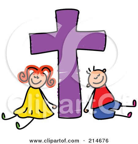 Royalty-Free (RF) Clipart Illustration of a Childs Sketch Of A Boy And Girl With A Purple Cross by Prawny