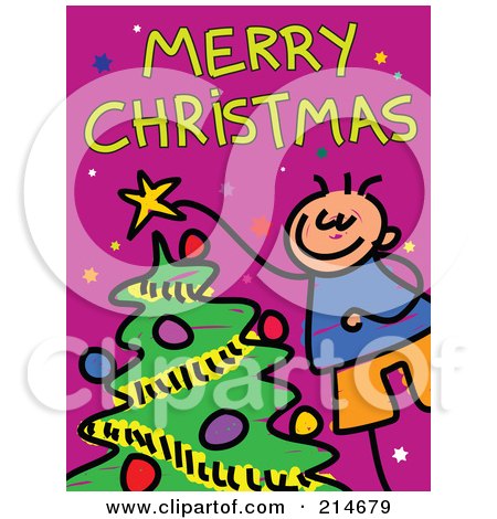 Royalty-Free (RF) Clipart Illustration of a Childs Sketch Of A Boy Decorating A Tree Under Merry Christmas by Prawny