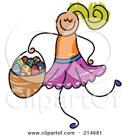 Royalty-Free (RF) Clipart Illustration of a Childs Sketch Of A Girl Carrying An Easter Basket by Prawny