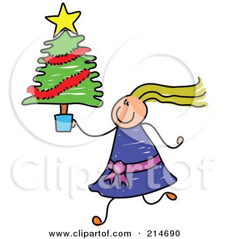 Royalty-Free (RF) Clipart Illustration of a Childs Sketch Of A Girl Carrying A Small Christmas Tree by Prawny